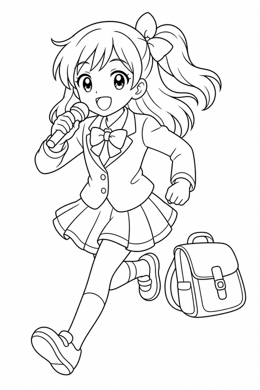 Anime idol running with a bag: An original anime-style singer holding a microphone running forward with a school bag beside them, free printable coloring page
