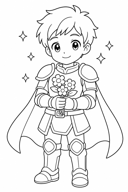 Anime knight holding flowers with sparkles: An original anime-style young knight in light armour holding a small bunch of flowers with small sparkle shapes around, free printable coloring page