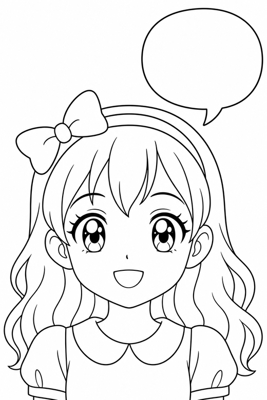 Anime face with a speech bubble: A close-up original anime-style face with large detailed eyes beside an empty speech bubble, looking straight at you, free printable coloring page