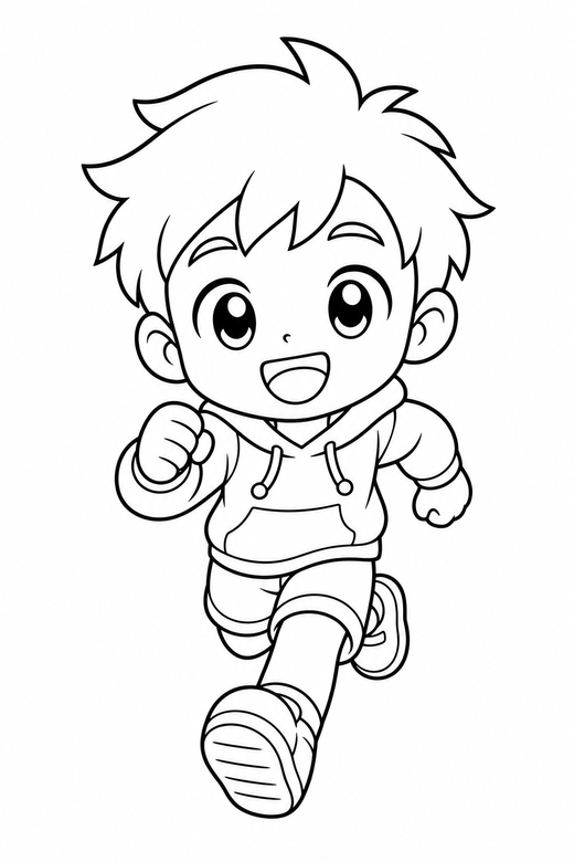 Chibi character running: An original chibi character with an oversized head running forward on a plain background with generous white space, free printable coloring page