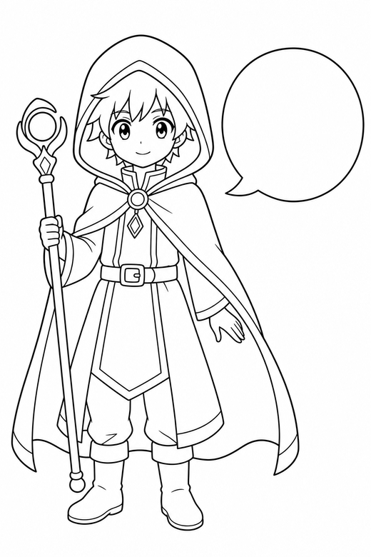 Anime mage standing with a speech bubble: An original anime-style young mage in a hooded cloak standing with a calm expression beside an empty speech bubble, free printable coloring page