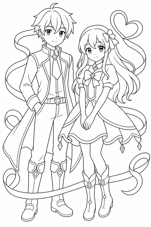 Two characters standing with ribbons: Two original anime-style characters standing together standing with a calm expression with ribbon shapes curling around, free printable coloring page