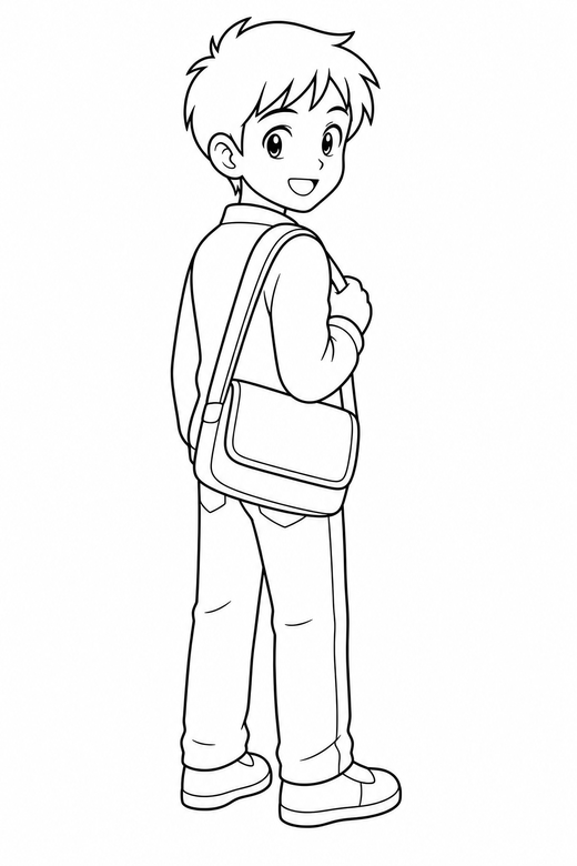 Anime student back turned: An original anime-style student with a shoulder bag turning to look back over one shoulder on a plain background with generous white space, free printable coloring page