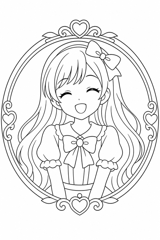 Anime girl smiling in a frame: An original anime-style girl with large eyes and long hair smiling with eyes closed inside a decorative round frame, free printable coloring page
