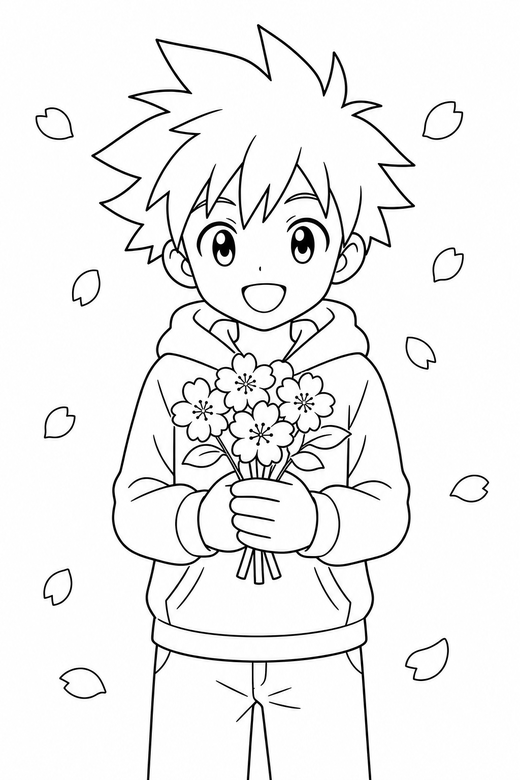Anime boy holding flowers: An original anime-style boy with spiky hair holding a small bunch of flowers with cherry blossom petals drifting past, free printable coloring page
