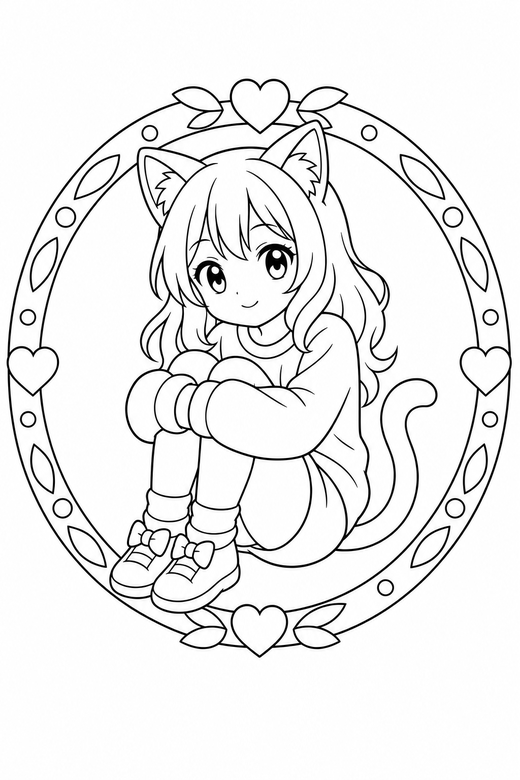 Cat-eared character sitting in a frame: An original anime-style character with cat ears sitting with knees drawn up inside a decorative round frame, free printable coloring page