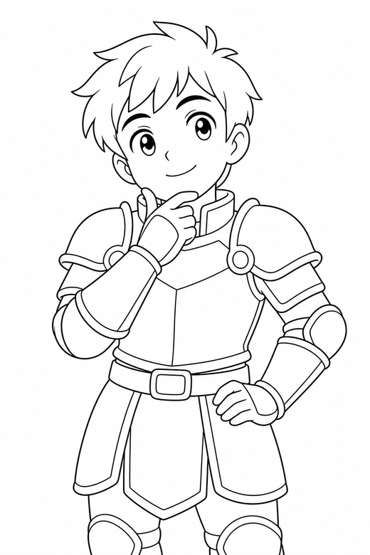Anime knight thinking: An original anime-style young knight in light armour resting a hand against the chin on a plain background with generous white space, free printable coloring page