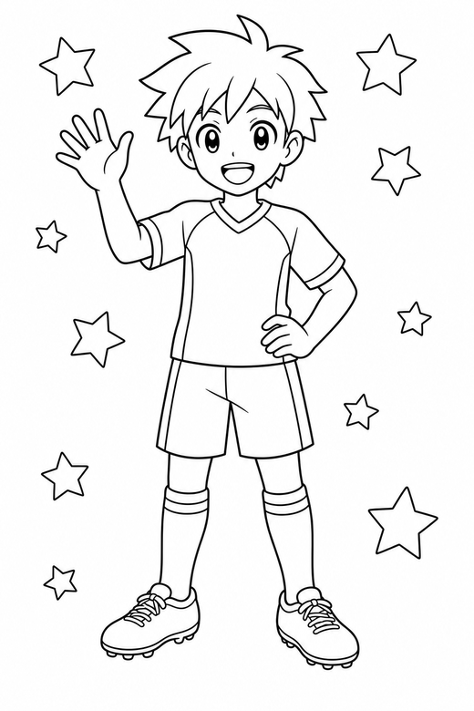 Anime athlete waving with stars: An original anime-style character in sports kit waving one hand against a background of simple stars, free printable coloring page