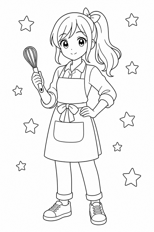 Anime cook standing with stars: An original anime-style character in a cook apron standing with a calm expression against a background of simple stars, free printable coloring page