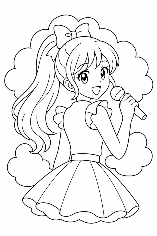 Anime idol back turned with clouds: An original anime-style singer holding a microphone turning to look back over one shoulder with rounded clouds behind, free printable coloring page