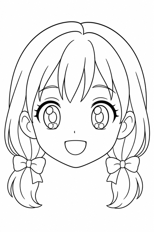 Anime face with a cat: A close-up original anime-style face with large detailed eyes, drawn large with generous white space around, free printable coloring page