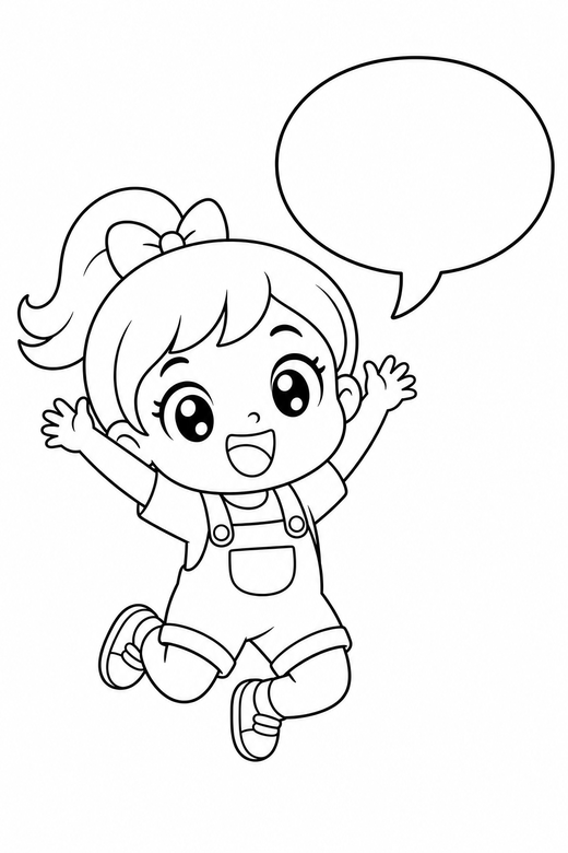 Chibi character jumping with a speech bubble: An original chibi character with an oversized head jumping with both arms raised beside an empty speech bubble, free printable coloring page