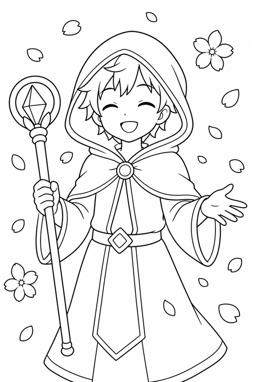 Anime mage smiling with cherry blossom: An original anime-style young mage in a hooded cloak smiling with eyes closed with cherry blossom petals drifting past, free printable coloring page