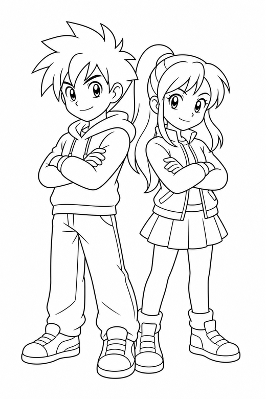 Two characters arms crossed: Two original anime-style characters standing together standing with arms folded on a plain background with generous white space, free printable coloring page
