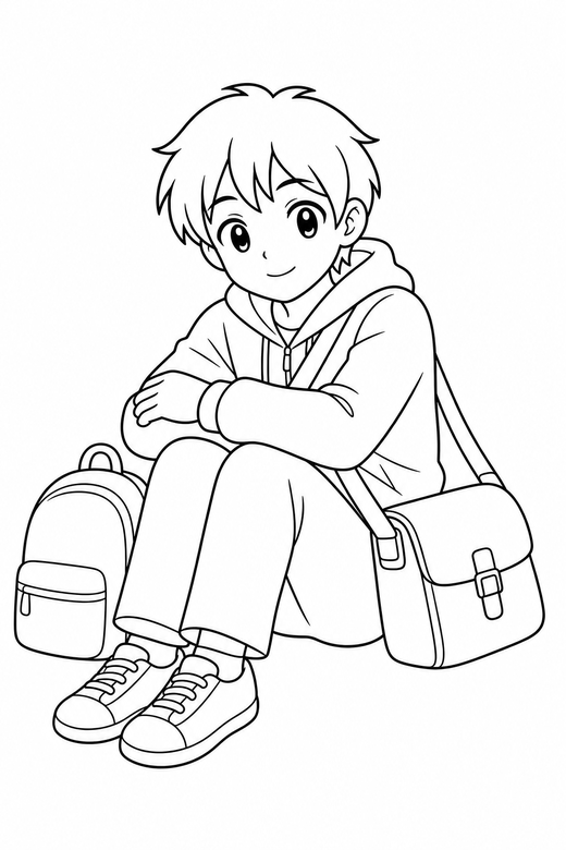 Anime student sitting with a bag: An original anime-style student with a shoulder bag sitting with knees drawn up with a school bag beside them, free printable coloring page