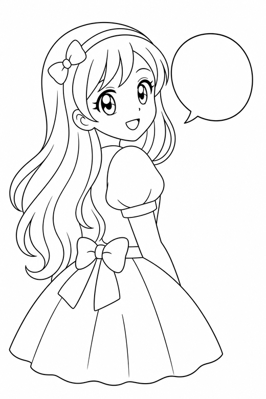 Anime girl back turned with a speech bubble: An original anime-style girl with large eyes and long hair turning to look back over one shoulder beside an empty speech bubble, free printable coloring page