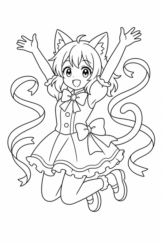 Cat-eared character jumping with ribbons: An original anime-style character with cat ears jumping with both arms raised with ribbon shapes curling around, free printable coloring page