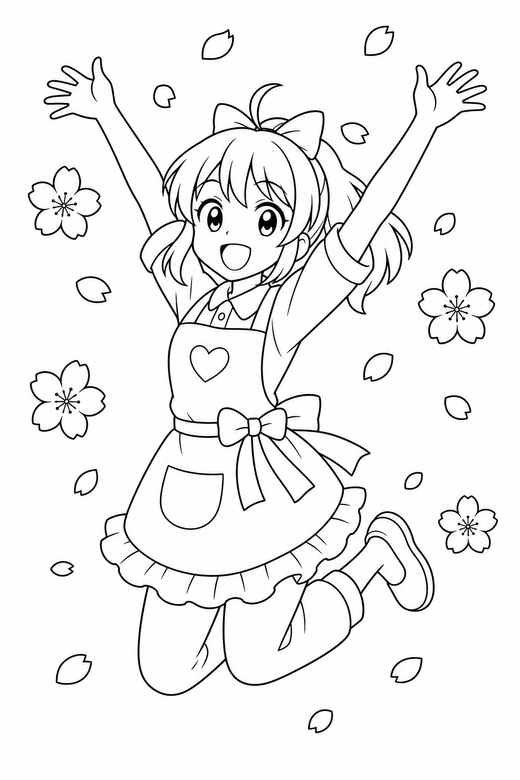 Anime cook jumping with cherry blossom: An original anime-style character in a cook apron jumping with both arms raised with cherry blossom petals drifting past, free printable coloring page