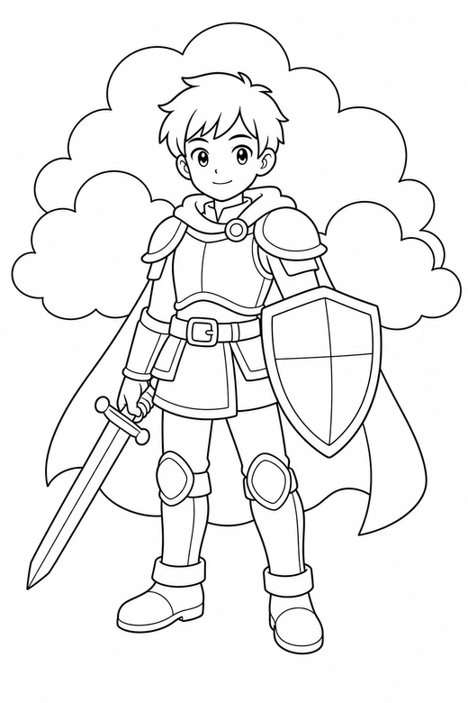 Anime knight standing with clouds: An original anime-style young knight in light armour standing with a calm expression with rounded clouds behind, free printable coloring page