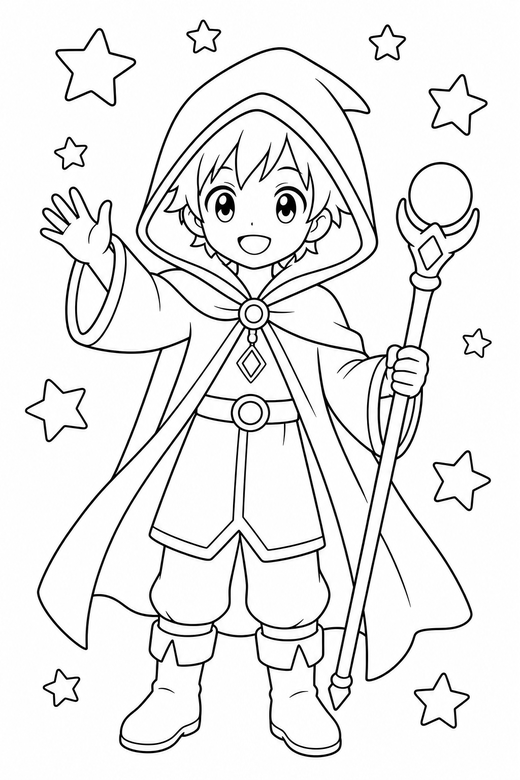Anime mage waving with stars: An original anime-style young mage in a hooded cloak waving one hand against a background of simple stars, free printable coloring page