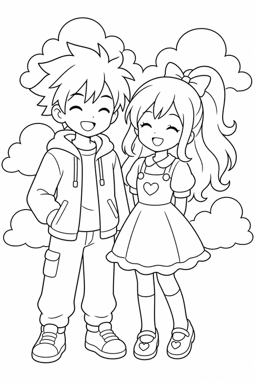 Two characters smiling with clouds: Two original anime-style characters standing together smiling with eyes closed with rounded clouds behind, free printable coloring page