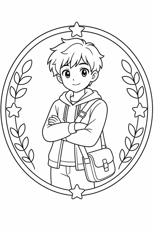 Anime student arms crossed in a frame: An original anime-style student with a shoulder bag standing with arms folded inside a decorative round frame, free printable coloring page