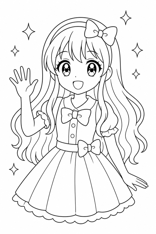 Anime girl waving with sparkles: An original anime-style girl with large eyes and long hair waving one hand with small sparkle shapes around, free printable coloring page