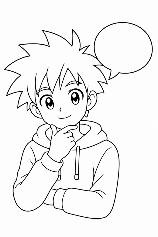 Anime boy thinking with a speech bubble: An original anime-style boy with spiky hair resting a hand against the chin beside an empty speech bubble, free printable coloring page