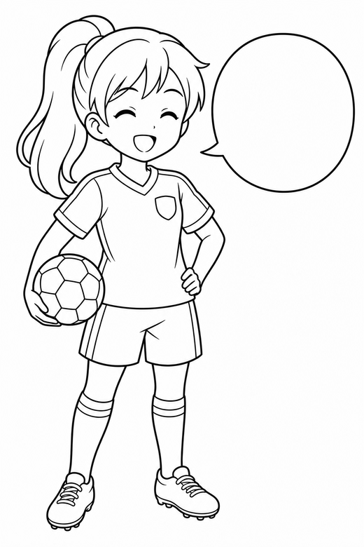 Anime athlete smiling with a speech bubble: An original anime-style character in sports kit smiling with eyes closed beside an empty speech bubble, free printable coloring page