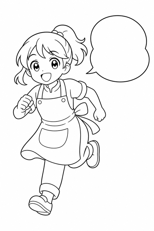 Anime cook running with a speech bubble: An original anime-style character in a cook apron running forward beside an empty speech bubble, free printable coloring page