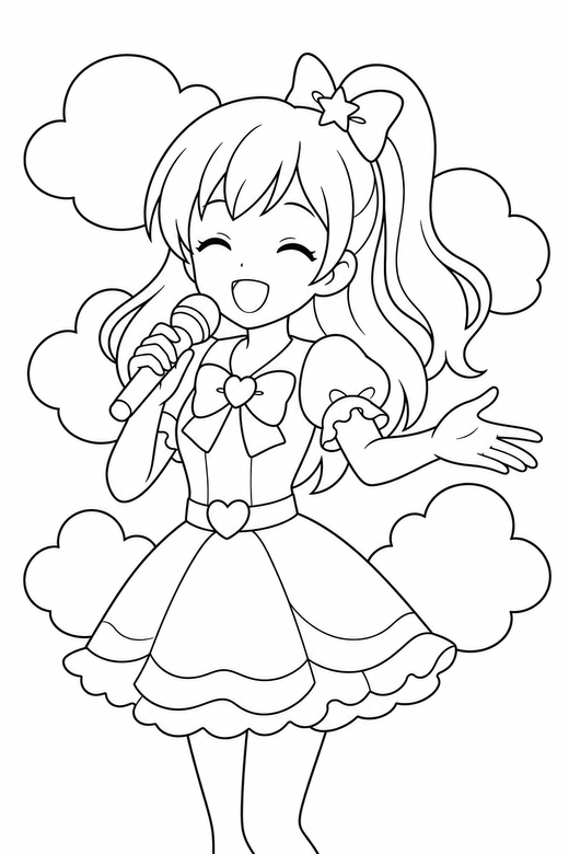 Anime idol smiling with clouds: An original anime-style singer holding a microphone smiling with eyes closed with rounded clouds behind, free printable coloring page
