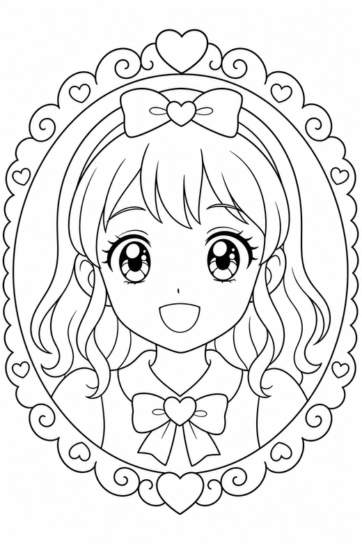 Anime face in a frame: A close-up original anime-style face with large detailed eyes inside a decorative round frame, filling the page, free printable coloring page