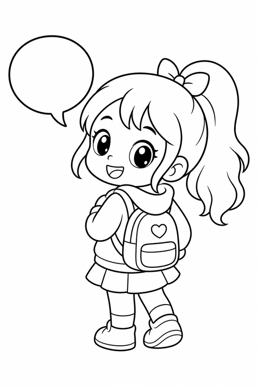 Chibi character back turned: An original chibi character with an oversized head turning to look back over one shoulder beside an empty speech bubble, free printable coloring page
