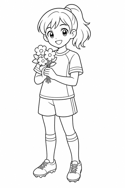 Anime athlete holding flowers: An original anime-style character in sports kit holding a small bunch of flowers on a plain background with generous white space, free printable coloring page