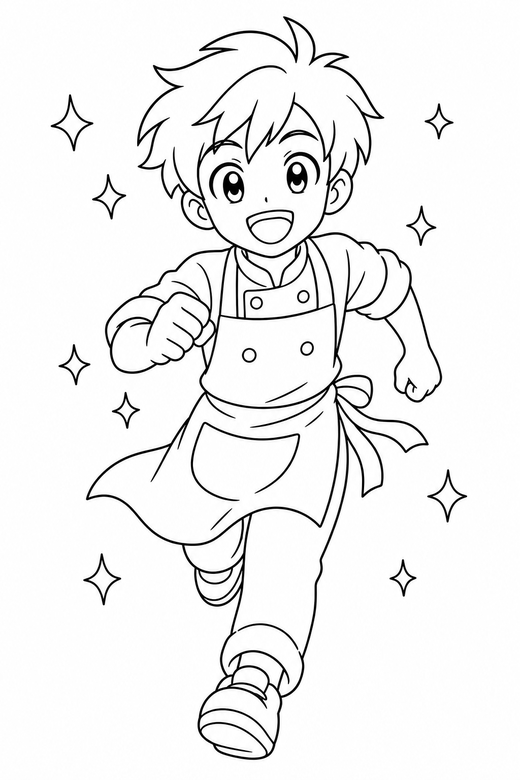 Anime cook running with sparkles: An original anime-style character in a cook apron running forward with small sparkle shapes around, free printable coloring page