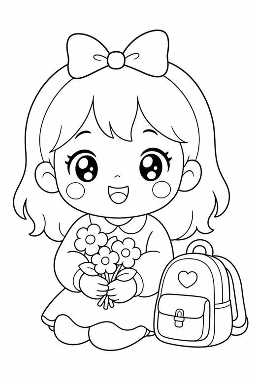 Chibi character holding flowers with a bag: An original chibi character with an oversized head holding a small bunch of flowers with a school bag beside them, free printable coloring page