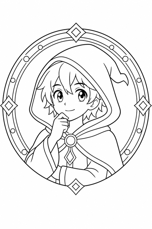 Anime mage thinking in a frame: An original anime-style young mage in a hooded cloak resting a hand against the chin inside a decorative round frame, free printable coloring page