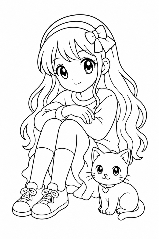 Anime girl sitting with a cat: An original anime-style girl with large eyes and long hair sitting with knees drawn up with a small cat at their feet, free printable coloring page