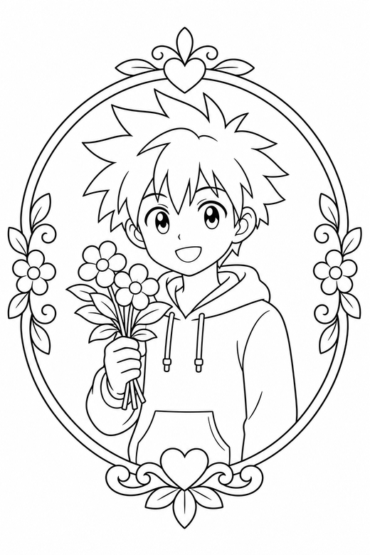 Anime boy holding flowers in a frame: An original anime-style boy with spiky hair holding a small bunch of flowers inside a decorative round frame, free printable coloring page