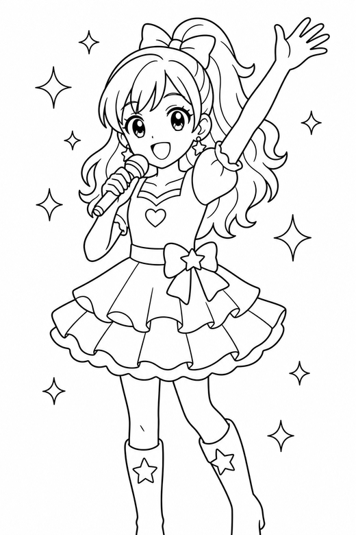 Anime idol waving with sparkles: An original anime-style singer holding a microphone waving one hand with small sparkle shapes around, free printable coloring page