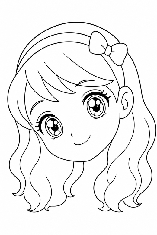 Anime face: A close-up original anime-style face with large detailed eyes on a plain background with generous white space, tilted at a gentle angle, free printable coloring page