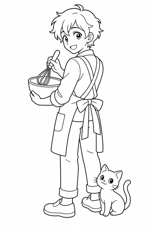 Anime cook back turned with a cat: An original anime-style character in a cook apron turning to look back over one shoulder with a small cat at their feet, free printable coloring page