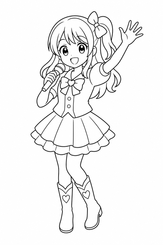 Anime idol waving: An original anime-style singer holding a microphone waving one hand on a plain background with generous white space, free printable coloring page