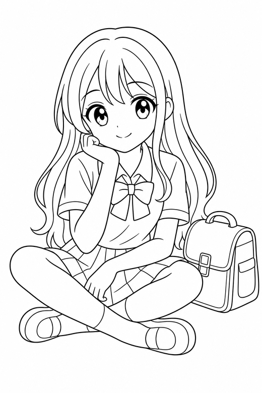 Anime girl thinking with a bag: An original anime-style girl with large eyes and long hair resting a hand against the chin with a school bag beside them, free printable coloring page