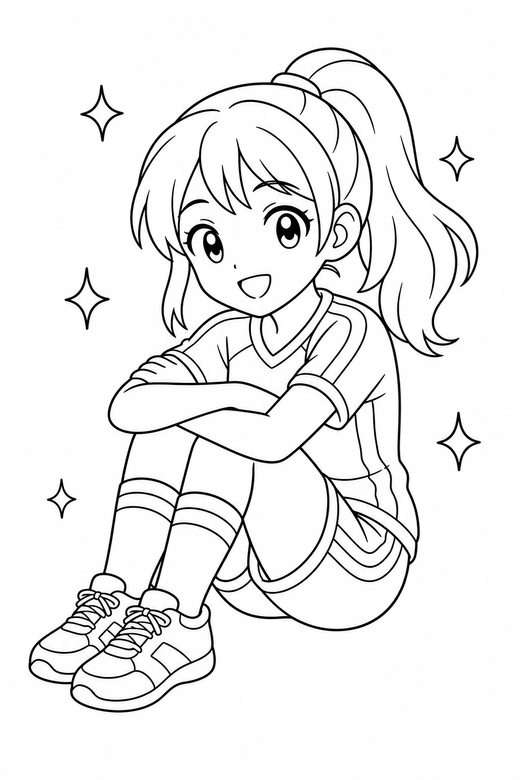 Anime athlete sitting with sparkles: An original anime-style character in sports kit sitting with knees drawn up with small sparkle shapes around, free printable coloring page