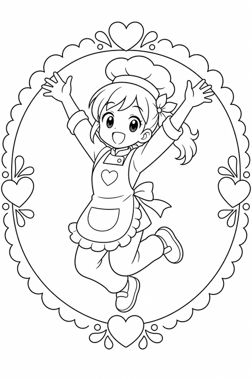 Anime cook jumping in a frame: An original anime-style character in a cook apron jumping with both arms raised inside a decorative round frame, free printable coloring page
