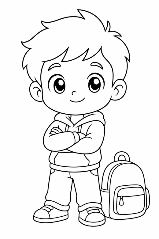 Chibi character arms crossed with a bag: An original chibi character with an oversized head standing with arms folded with a school bag beside them, free printable coloring page