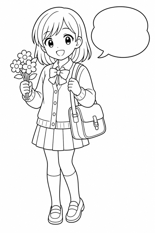 Anime student holding flowers: An original anime-style student with a shoulder bag holding a small bunch of flowers beside an empty speech bubble, free printable coloring page