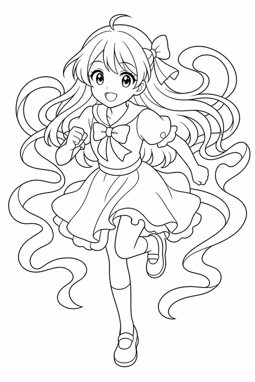 Anime girl running with ribbons: An original anime-style girl with large eyes and long hair running forward with ribbon shapes curling around, free printable coloring page