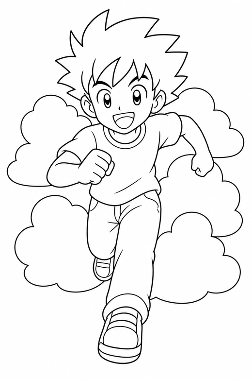 Anime boy running with clouds: An original anime-style boy with spiky hair running forward with rounded clouds behind, free printable coloring page